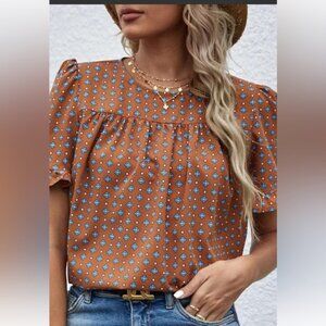 Boho SHEIN Burnt Orange Short Ruffled Sleeve Tribal Print Blouse Size 6